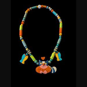 Vintage Tatiri Multi Color Hand Crafted Whimsical Cat Statement Necklace 20"